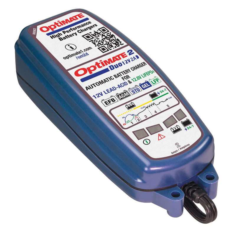Încărcător pentru baterii AGM, GEL, EFB, plumb-acid și litiu LiFePO4 de 12 V OptiMate 2 DUO TM550 - TM-550 - TM550 - 5425006142052